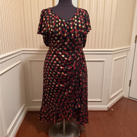 Lane Bryant Dresses & Skirts - Lane Bryant Black Midi Dress with Red and Gold Floral Accents